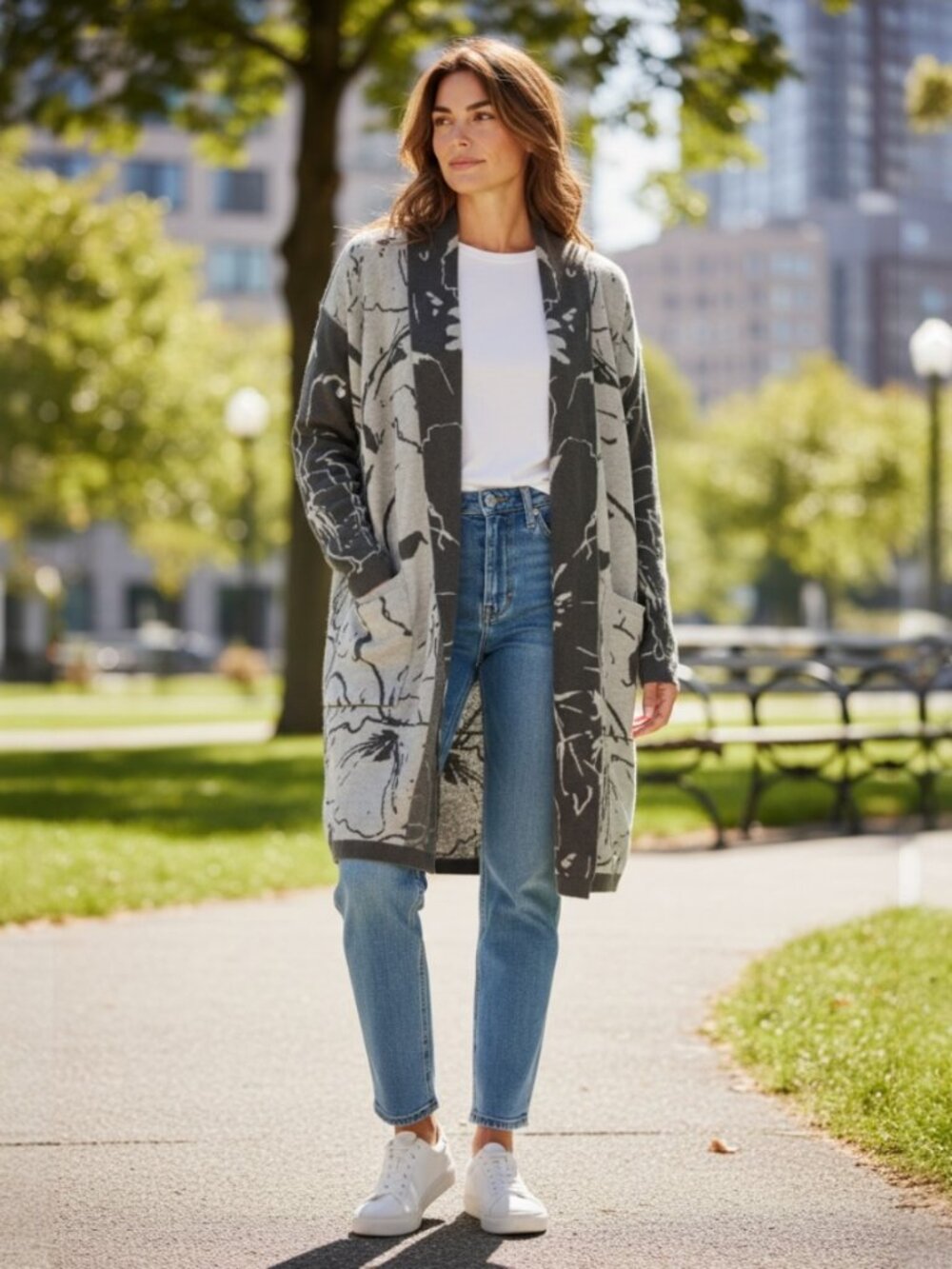 Liverpool Gray‎ and Charcoal Floral Open-Front Cardigan